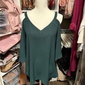 TCEC-Hunter Green blouse with cold shoulder and cross back straps-Large